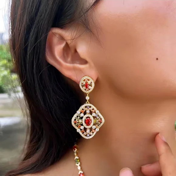 Gold and Purple Statement Earrings - Picture 2 of 8